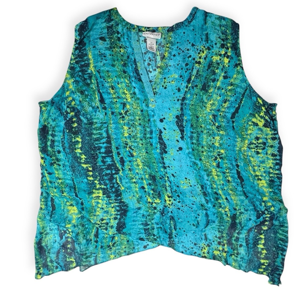 Catherines Tunic Womens 3X Blue Abstract Sheer‎ Chiffon Coastal Fairy Artsy Flow